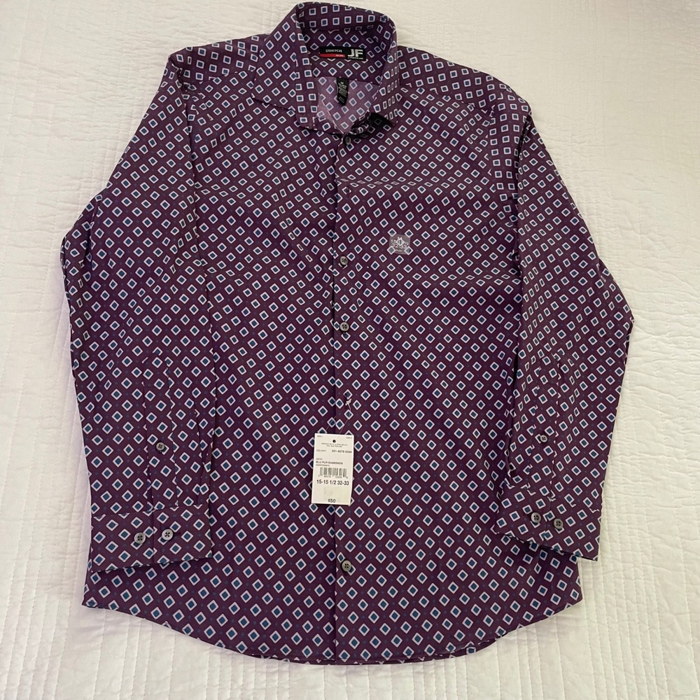 J. Ferrar Men Purple Blue Diamond Geometric Slim Fit Stretch Dress Shirt 15.5 32